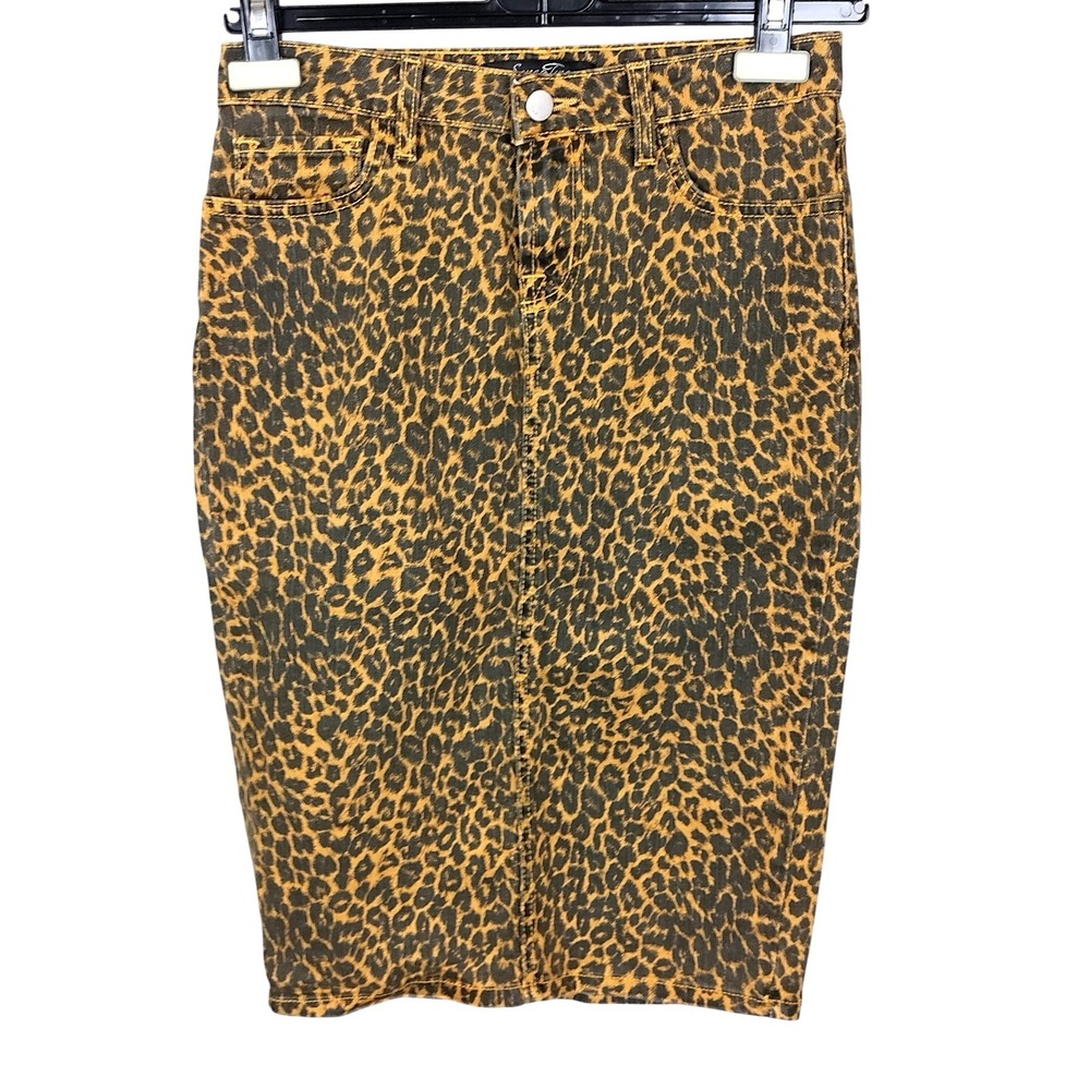 Leopard Print Denim Pencil Skirt Womens 28 Tan Black High Waist Stretch
